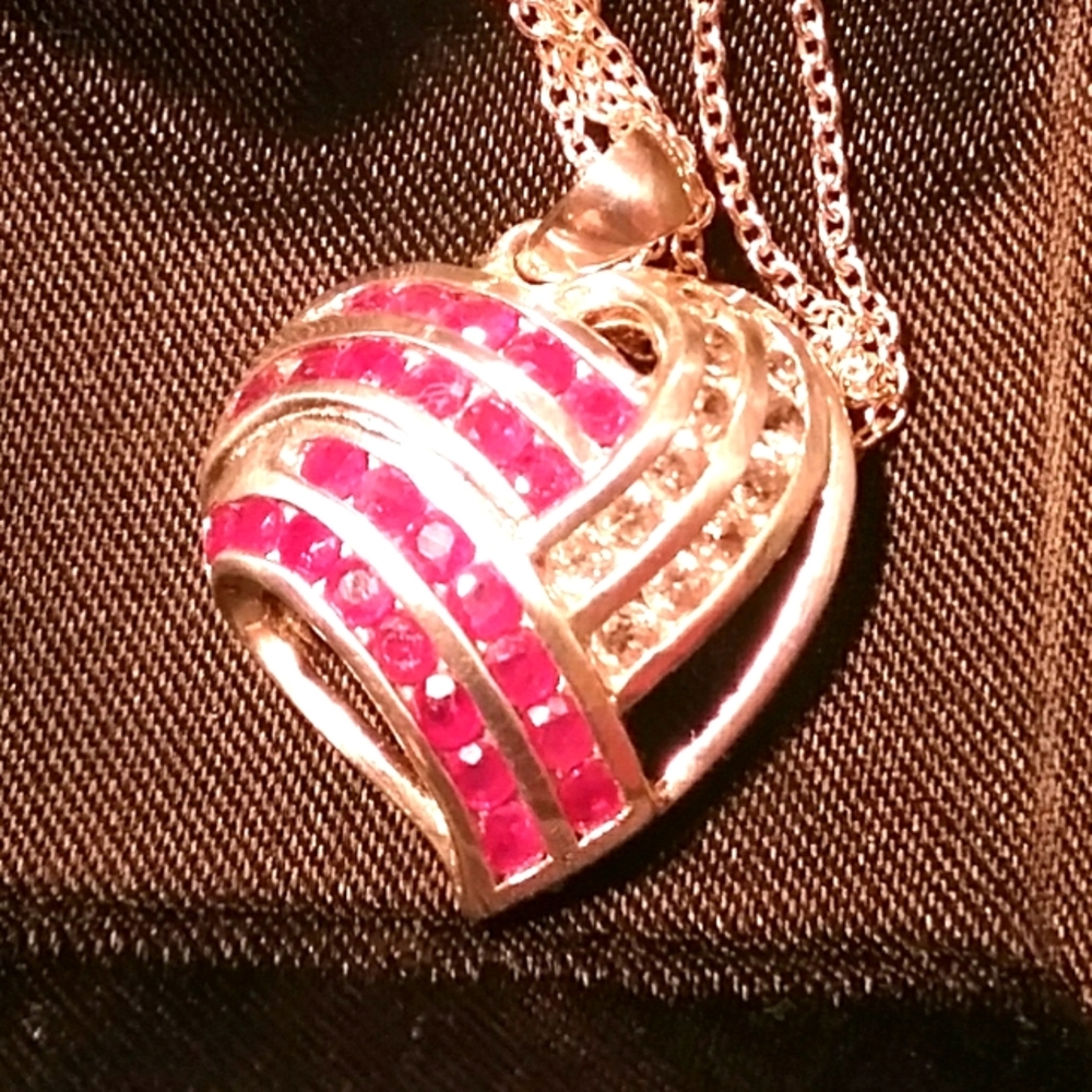 Genuine Red Rubies & .925 Stamped Heart Pendant Necklace Blood Red